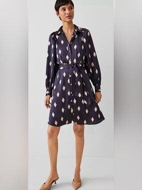 Ann Taylor Navy Diamond-Print Long Sleeve Wrap Dress 4 Reg Like New!